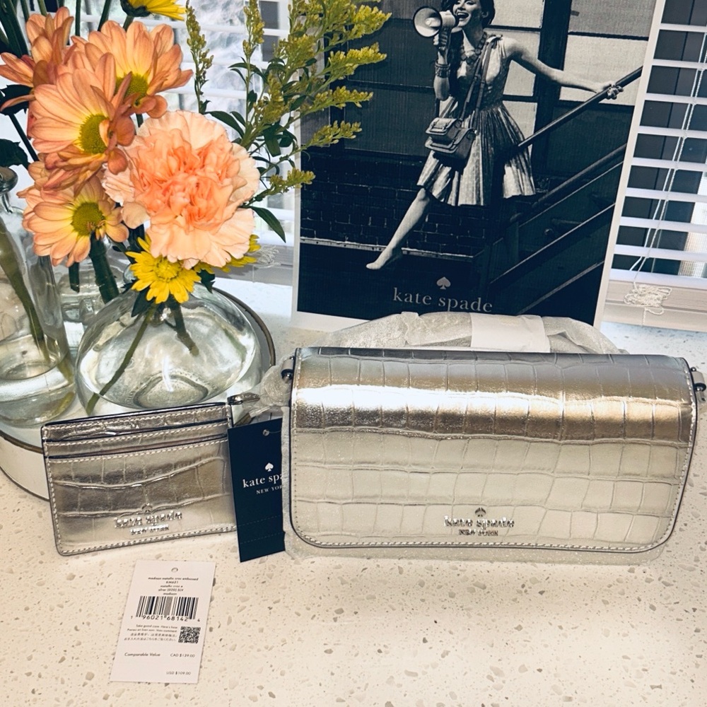 ♠️ Kate Spade Madison Croc Embossed Mini Crossbody & Slim Card Holder Silver NWT - Picture 3 of 17